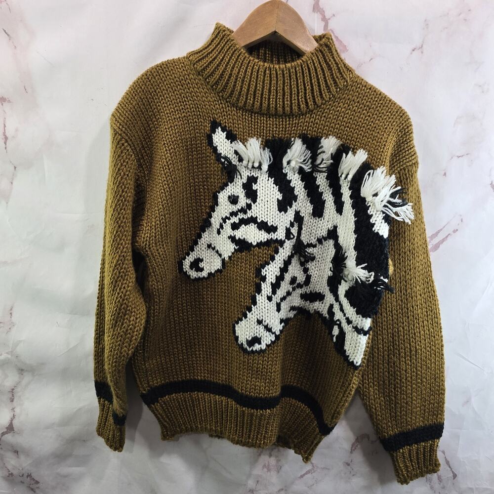 Vintage Sweater Womens Medium Zebra Brown Intarsia 3D Boxy Mock Neck Evian